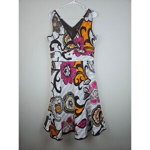 RB Collection New York Floral Sleeveless Midi Dress Brown Pink Orange Size 12